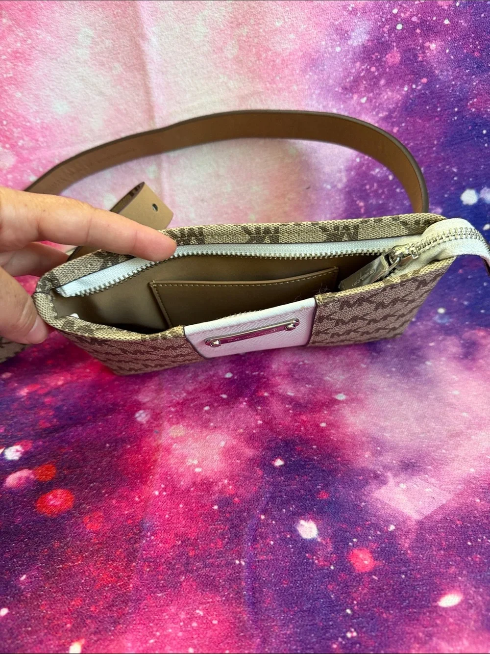 Michael Kors Beige MK Logo Canvas Crossbody with White Center Panel